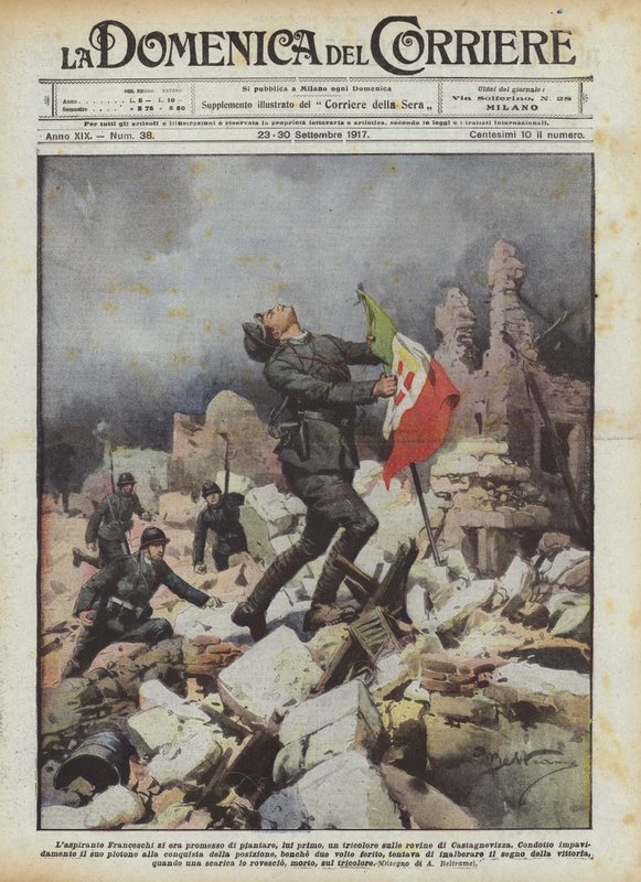 Aspiranten Franceschi hadde lovet seg selv å plante et trefarget flagg på ruinene av Castagnevizza av Achille Beltrame