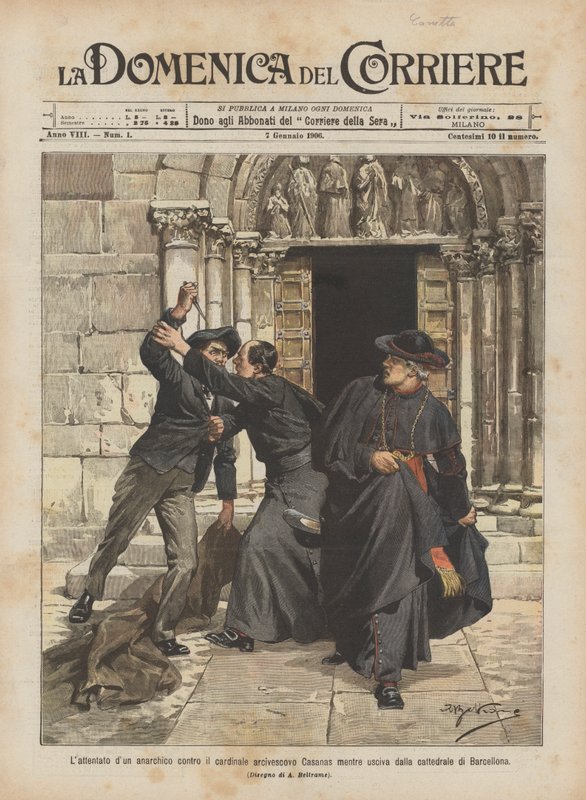 Angrepet av en anarkist mot kardinal erkebiskop Casanas da han forlot katedralen i Barcelona av Achille Beltrame