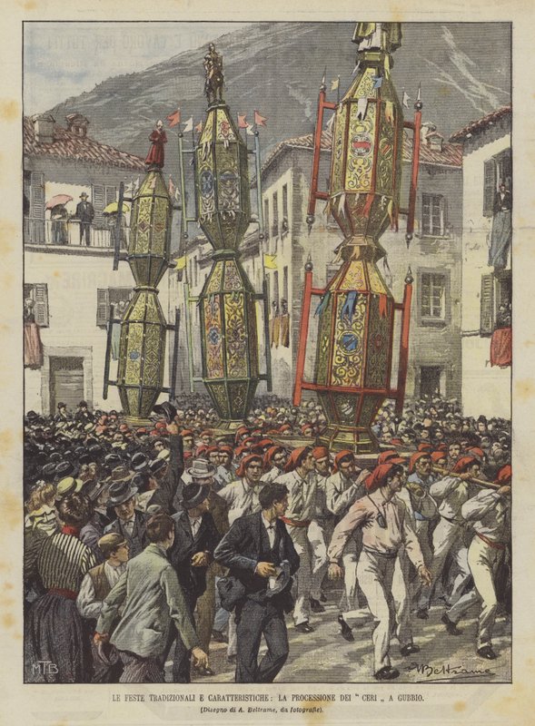 De tradisjonelle og karakteristiske festivalene, prosesjonen av stearinlys i Gubbio av Achille Beltrame