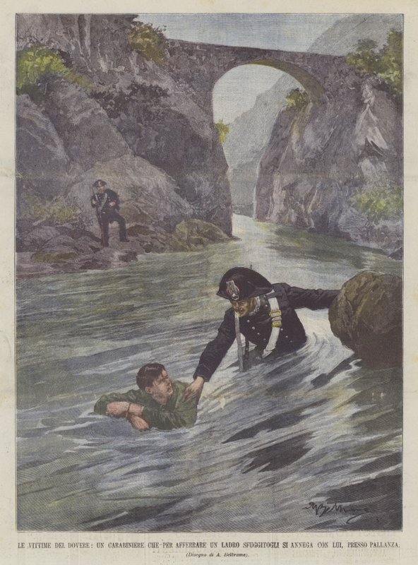 The Victims Of Duty, en karabiniere som drukner med ham for å gripe en rømt tyv, nær Pallanza av Achille Beltrame