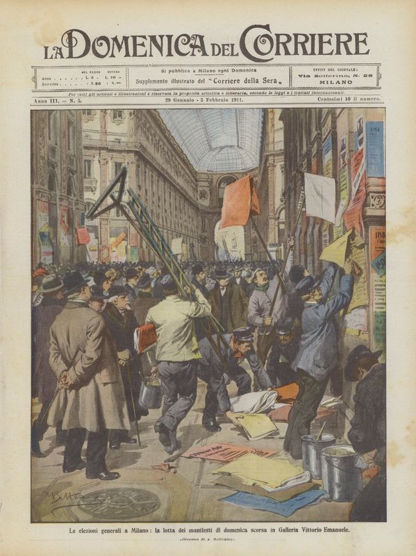 Stortingsvalget i Milano, forrige søndags plakatkamp i Galleria Vittorio Emanuele av Achille Beltrame
