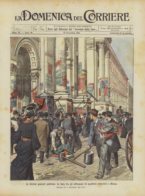 Det generelle politiske valget, kampen mellom oppsetting av valgplakater i Milano av Achille Beltrame
