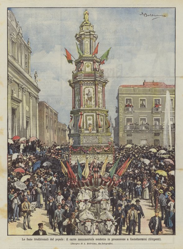 Folkets tradisjonelle festivaler, den monumentale vognen båret i prosesjon til Casteltermini (Girgenti) av Achille Beltrame
