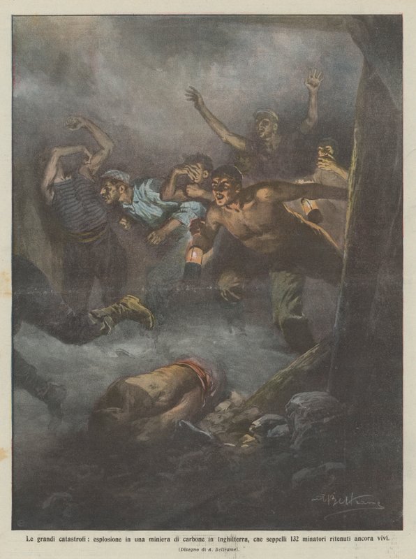 De store katastrofene, eksplosjonen i en kullgruve i England, hva begraver 132? av Achille Beltrame
