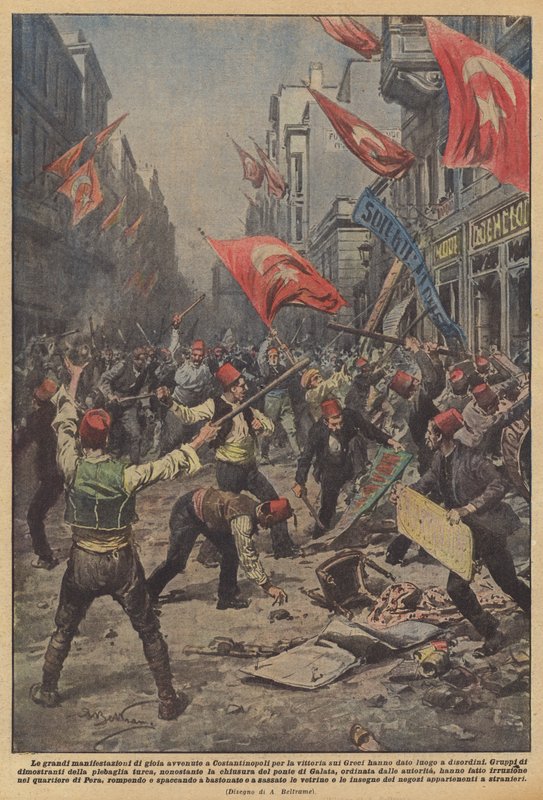 De store gledesmanifestasjonene som fant sted i Konstantinopel over seieren over grekerne ga opphav til uro av Achille Beltrame
