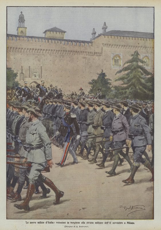 De nye militsene i Italia, sivilkledde frivillige ved militærmagasinet i november II i Milano av Achille Beltrame