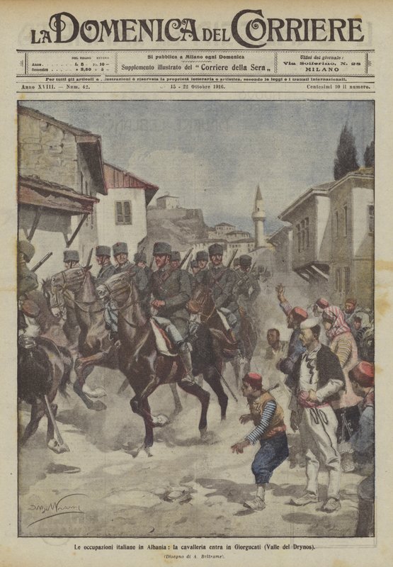 De italienske okkupasjonene i Albania, kavaleriet går inn i Giorgucati (Drynos-dalen) av Achille Beltrame