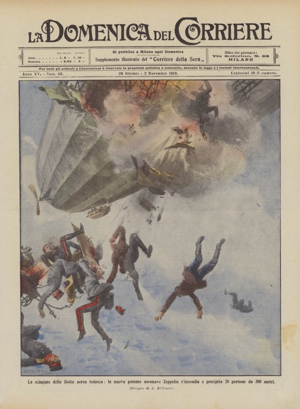 Ulykken til den tyske luftflåten, det nye kraftige Zeppelin-luftskipet synkroniserer og krasjer? av Achille Beltrame