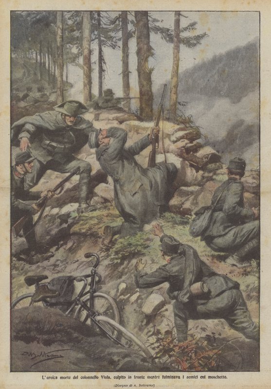 Den heroiske døden til oberst Viola, truffet i pannen mens han fulminerte fiendene med en muskett av Achille Beltrame