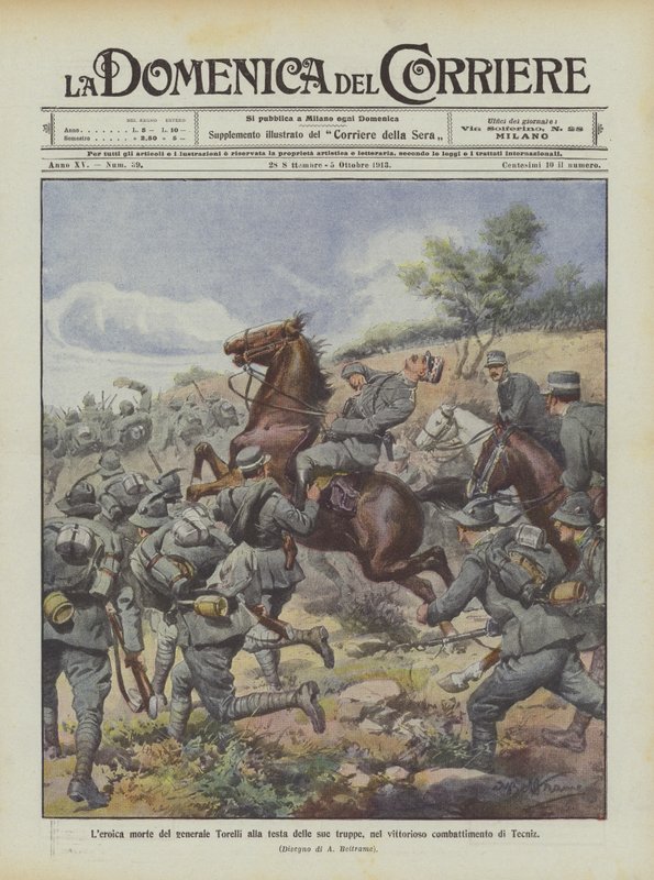 Heroisk død av general Torelli i spissen for troppene hans, i det seirende slaget ved Tecniz av Achille Beltrame
