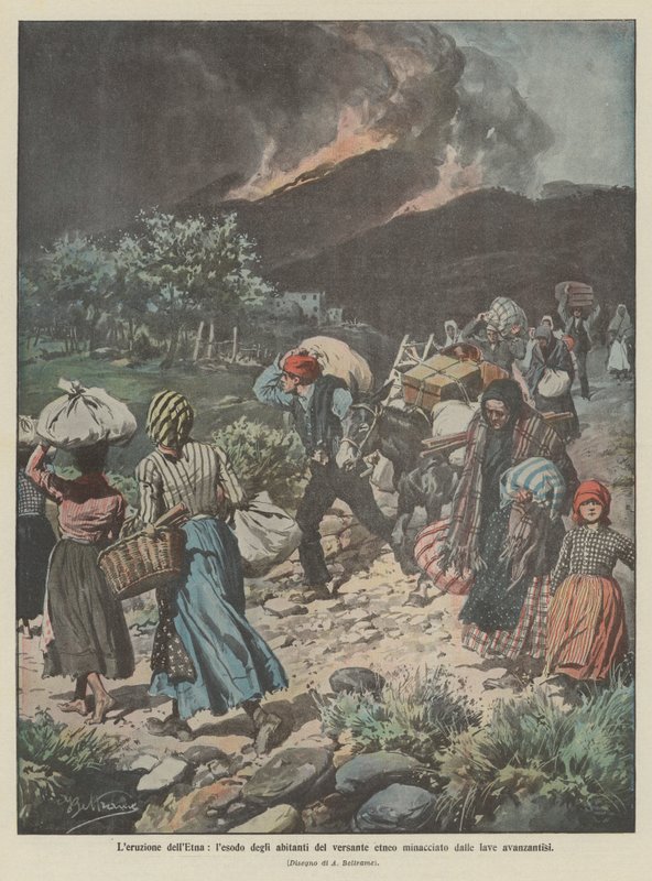 Etna-utbruddet, utvandringen av innbyggerne på Etna-siden truet av de fremrykkende lavaene av Achille Beltrame