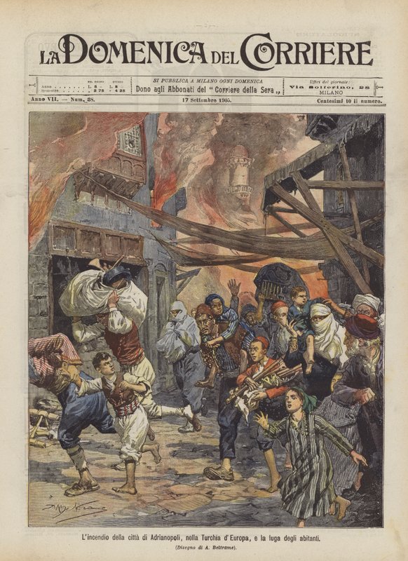Brannen i byen Adrianopel, i det europeiske Tyrkia, og rømningen av innbyggerne av Achille Beltrame