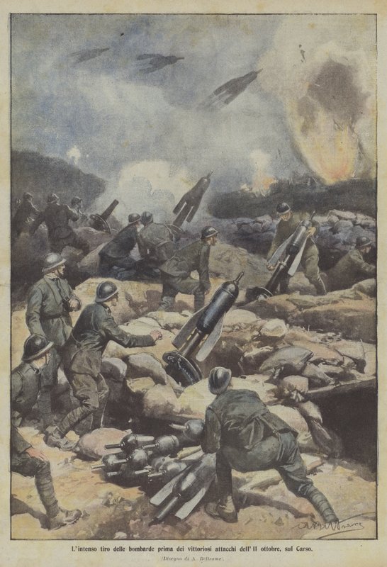 Den intense avfyringen av bombardene før de seirende angrepene 11. oktober på Carso av Achille Beltrame