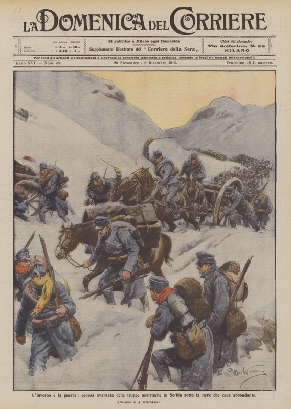 Vinter og krig, smertefull fremrykning av de østerrikske troppene i Serbia under den rikelige snøen som faller av Achille Beltrame