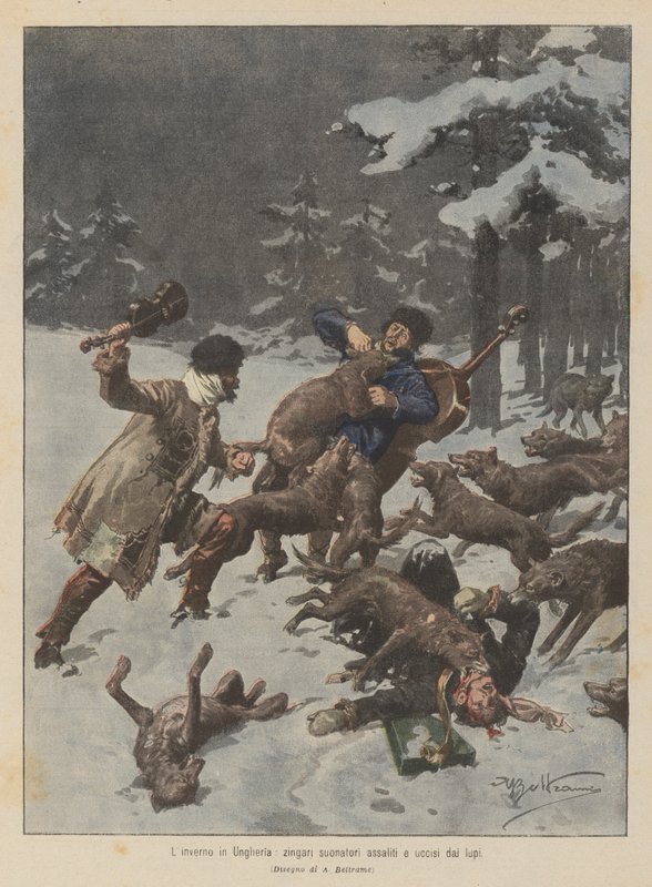 Vinter i Ungarn, lekende sigøynere angrepet og drept av ulv av Achille Beltrame