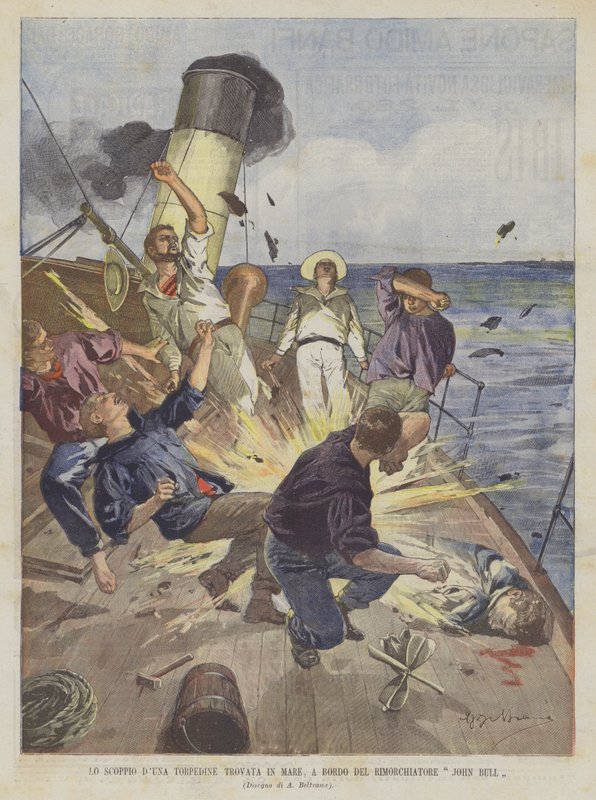 Scoppio DUna Torpedo funnet på sjøen, ombord på slepebåten John Bull av Achille Beltrame