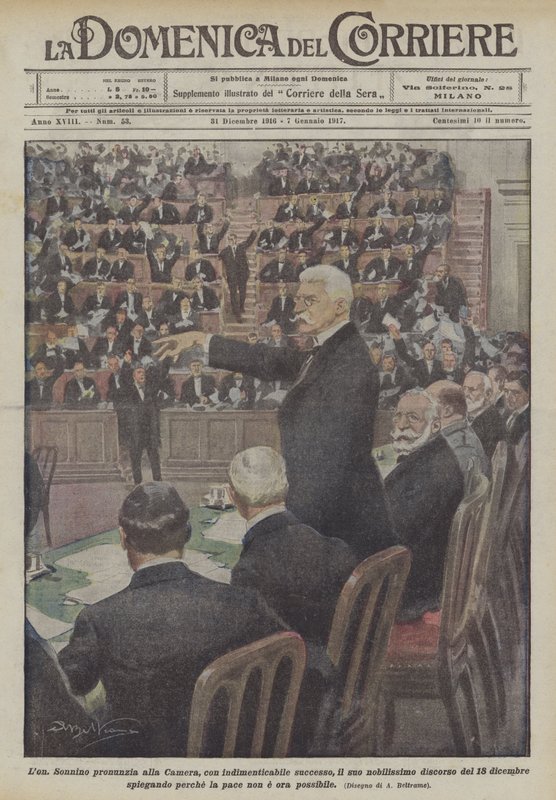 Lon Sonnino leverer til salen, med uforglemmelig suksess, sin edle tale om? av Achille Beltrame