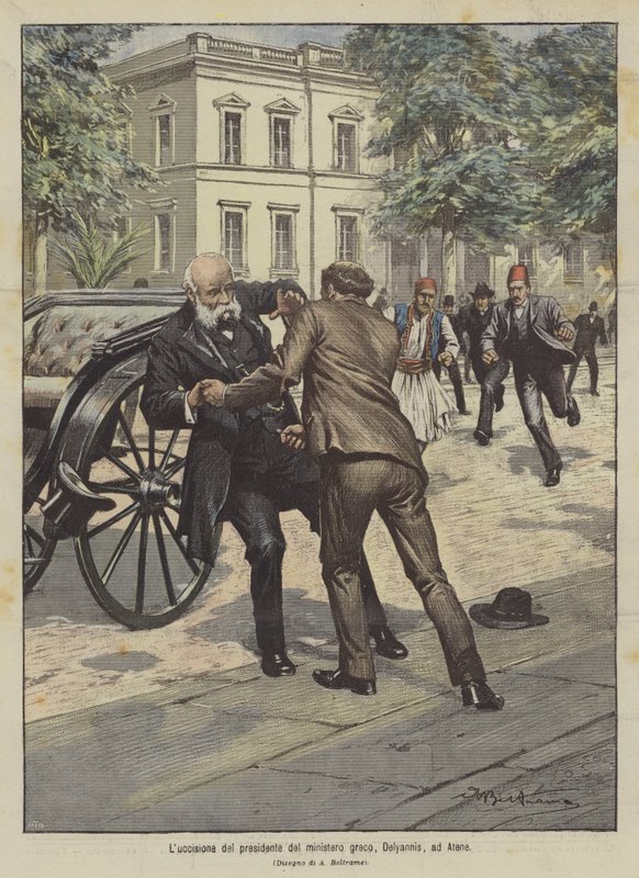 Drapet på presidenten for det greske departementet, Deliyannis, i Athen av Achille Beltrame