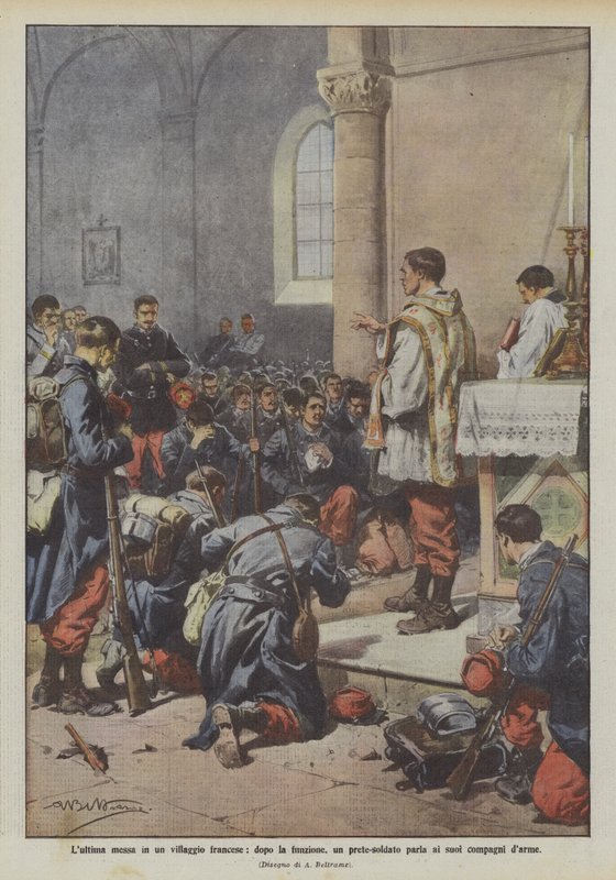 Den siste messen i en fransk landsby, etter gudstjenesten, snakker en soldat-prest til sine kamerater av Achille Beltrame