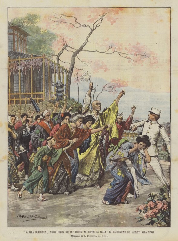 Madama Butterfly New Opera av Maestro Puccini ved La Scala Theatre, The Curse of the Relatives of the Bride av Achille Beltrame