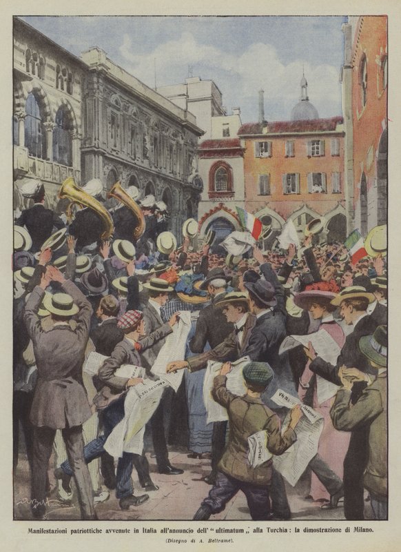 Patriotiske demonstrasjoner i Italia etter kunngjøringen av ultimatumet til Tyrkia, demonstrasjonen i Milano av Achille Beltrame