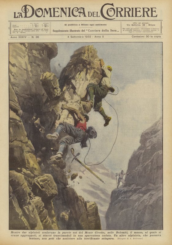 Mens to klatrere klatret på østsiden av Monte Civetta, i Dolomittene, steinblokken? av Achille Beltrame