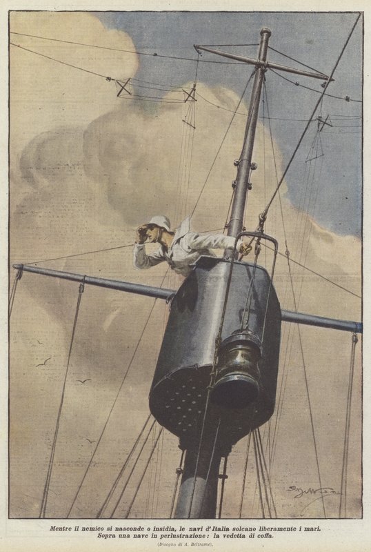 Mens fienden gjemmer seg eller lurer, seiler italienske skip havet fritt av Achille Beltrame