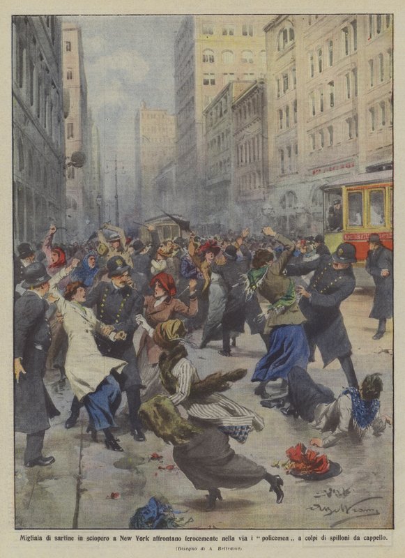 Tusenvis av strippede klesmakere i New York kjemper hardt mot politimenn på gaten? av Achille Beltrame
