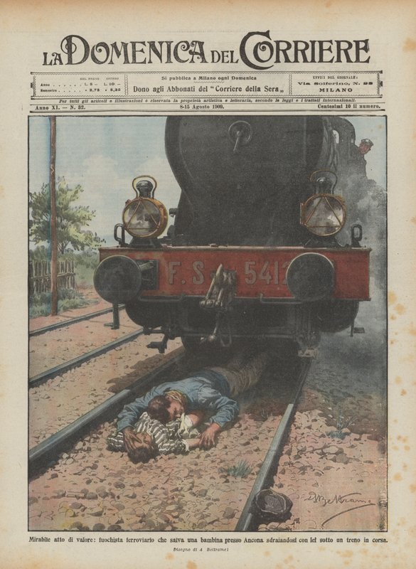 Beundringsverdig tapperhet, jernbanestoker som redder en liten jente i nærheten av Ancona ved å ligge med? av Achille Beltrame