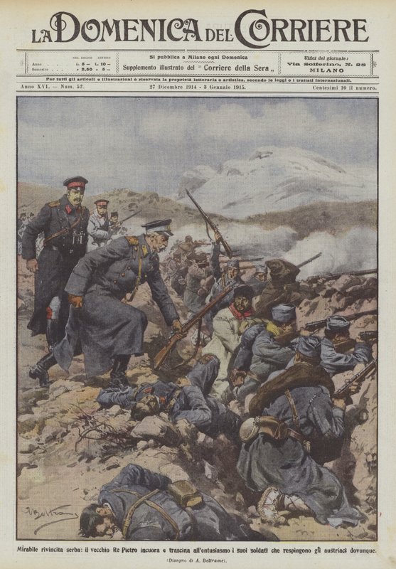 Beundringsverdig serbisk hevn, gamle kong Peter oppmuntret og lokket soldatene sine med entusiasme? av Achille Beltrame