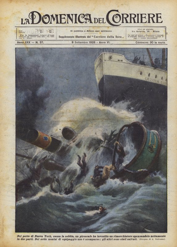 I havnen i New York, på grunn av tåken, traff en dampbåt en slepebåt og knuste den? av Achille Beltrame