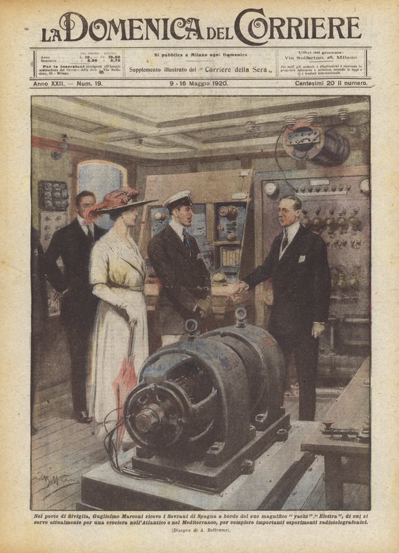 I havnen i Sevilla tar Guglielmo Marconi imot Spanias suverene ombord på sin praktfulle? av Achille Beltrame