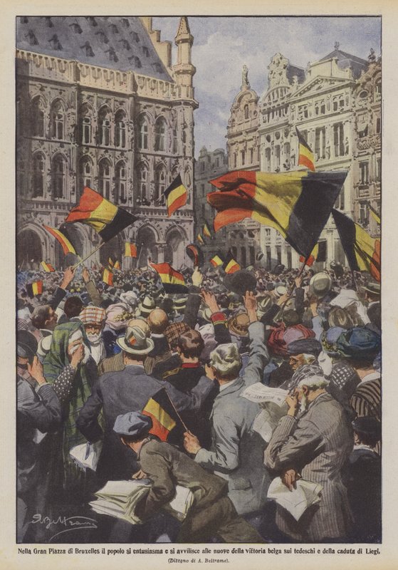 På Grand Square i Brussel er folk entusiastiske og motløse av nyhetene om den belgiske seieren over tyskerne og om Lièges forfall av Achille Beltrame