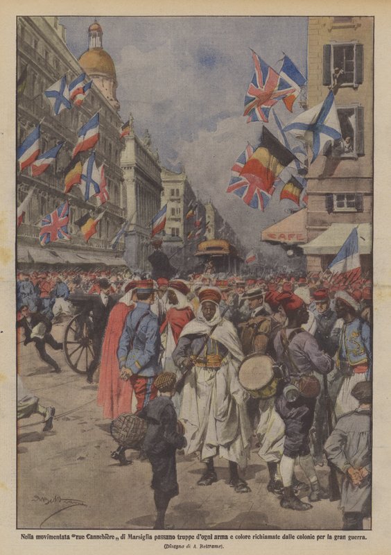 I den livlige rue Cannebiere i Marseille passerer Dogni-tropper, våpen og farger, kalt av? av Achille Beltrame