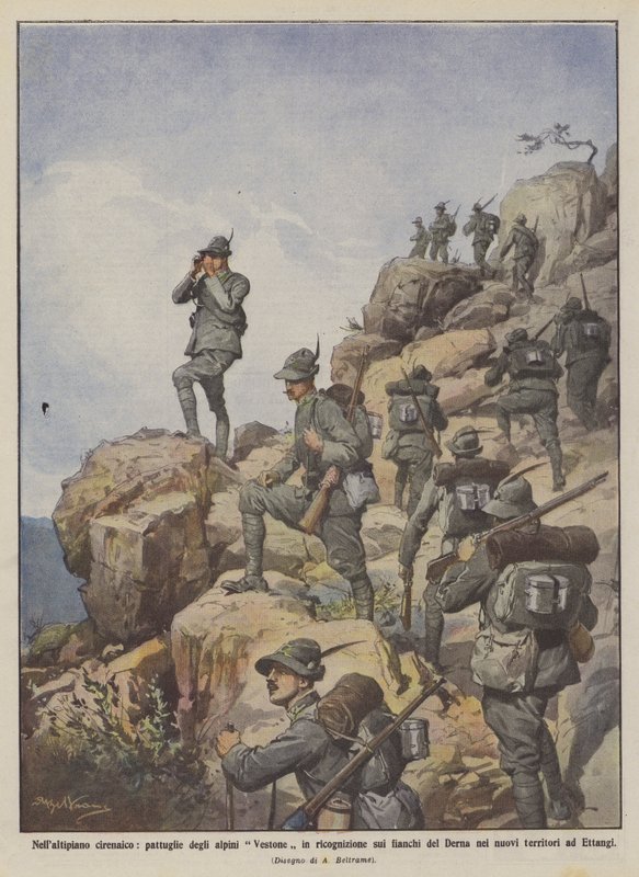 På det kyrenaiske platået, patruljerer av Vestone Alpini rekognosering på flankene av Derna i? av Achille Beltrame