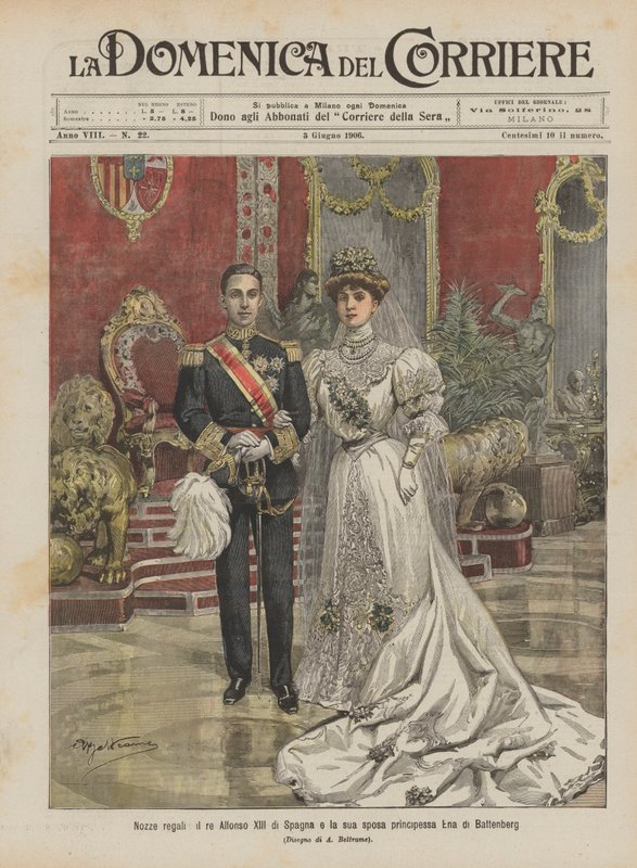 Kongelig bryllup, kong Alfonso XIII av Spania og hans brud prinsesse Ena av Battenberg av Achille Beltrame