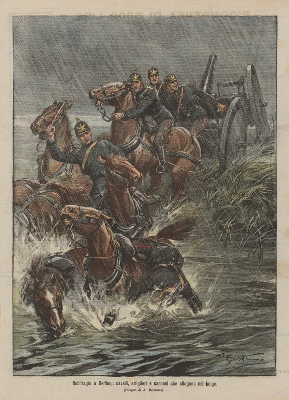 Storm i Berlin, hester, skyttere og kanoner som drukner i gjørma av Achille Beltrame