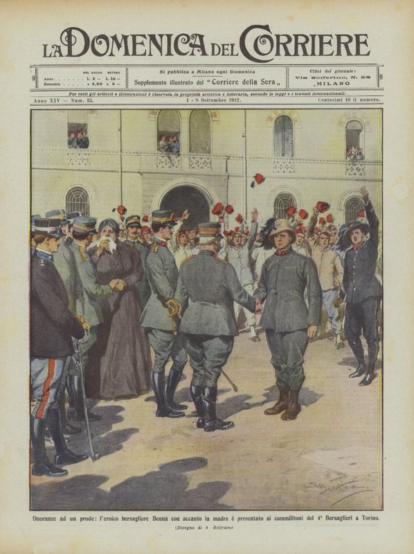 Heder til en modig, heroisk bersagliere Benna med sin mor ved siden av seg og presentert for sine medsoldater? av Achille Beltrame