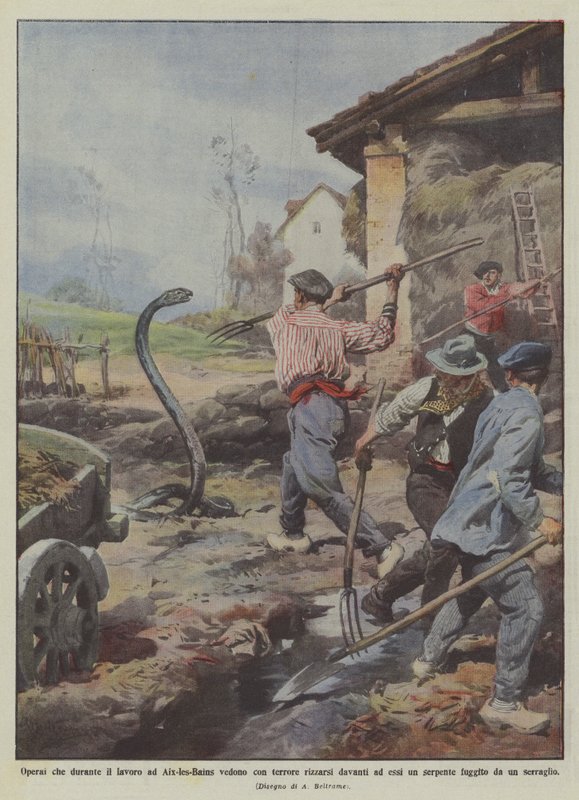Arbeidere som, mens de jobber i Aix-les-Bains, ser med redsel stå opp foran dem? av Achille Beltrame