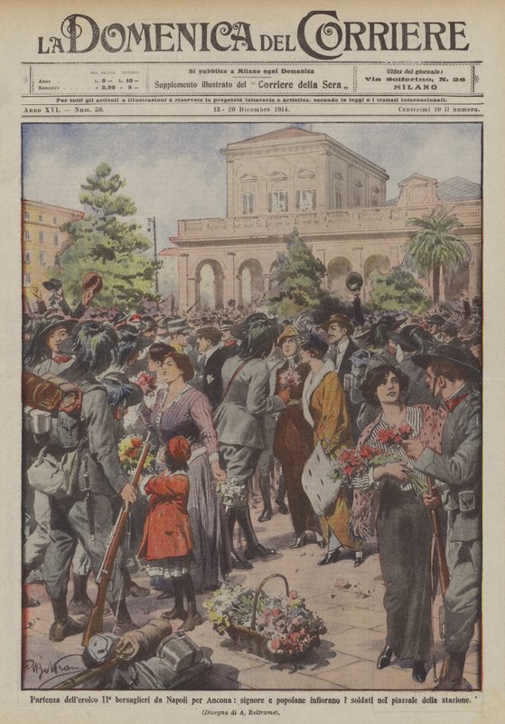 Avgang av den heroiske ll ° bersaglieri fra Napoli for Ancona, damer og vanlige blomst soldatene? av Achille Beltrame