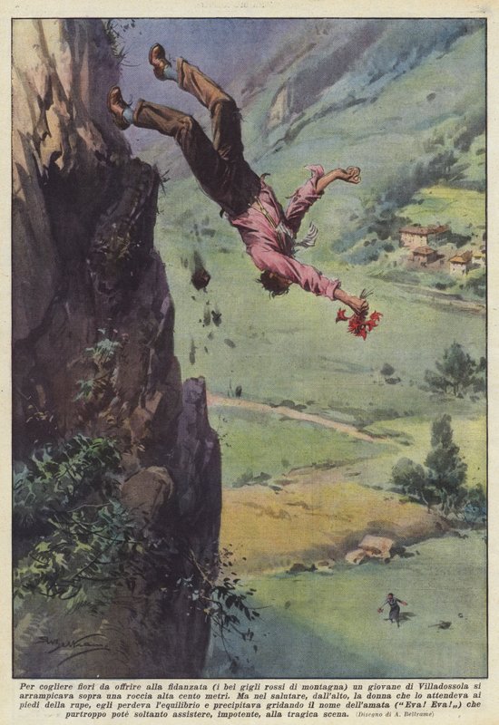 Å plukke blomster for å tilby kjæresten sin (de vakre røde fjellliljene) en ung mann? av Achille Beltrame