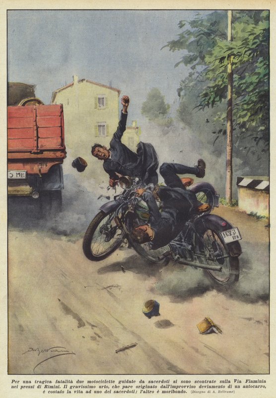 Ved en tragisk skjebne kolliderte to motorsykler drevet av prester på Veien? av Achille Beltrame