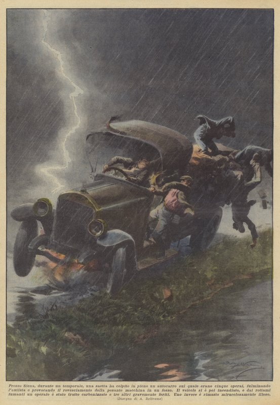 I nærheten av Siena, under en storm, traff et lyn en lastebil de satt på i sin helhet? av Achille Beltrame