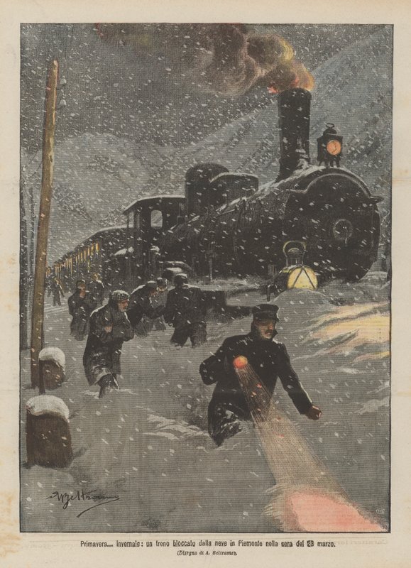 Vår? vinter, et tog blokkert av snø i Piemonte om kvelden 23. mars av Achille Beltrame