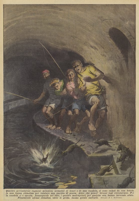 Fire eventyrlystne milanesiske gutter, bevæpnet med fiskesnøre og et stearinlys, stammet fra en? av Achille Beltrame