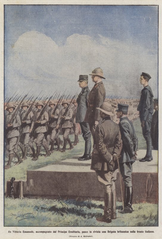 Anmelder kong Vittorio Emanuele, akkompagnert av kronprinsen, en brigade? av Achille Beltrame