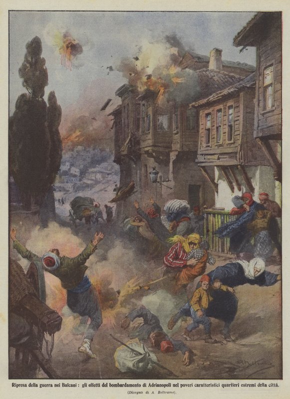 Gjenopptakelse av krigen på Balkan, virkningene av bombingen av Adrianopel på de fattige? av Achille Beltrame