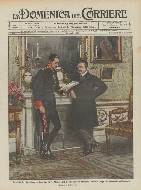 Oppvåkning av liberalismen i Spania, kong Alfonso XIII i samtale med minister Canalejas? av Achille Beltrame