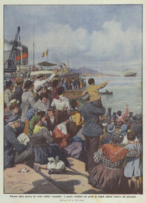 Tilbake fra krigen til de første utskrevne soldatene, sier de overfylte menneskene i havnen i Napoli hei? av Achille Beltrame