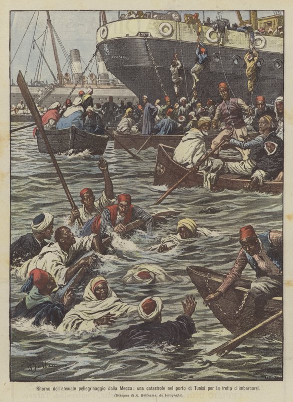 Retur av den årlige pilegrimsreisen fra Mekka, en katastrofe i havnen i Tunis på grunn av hasten med å ta om bord av Achille Beltrame